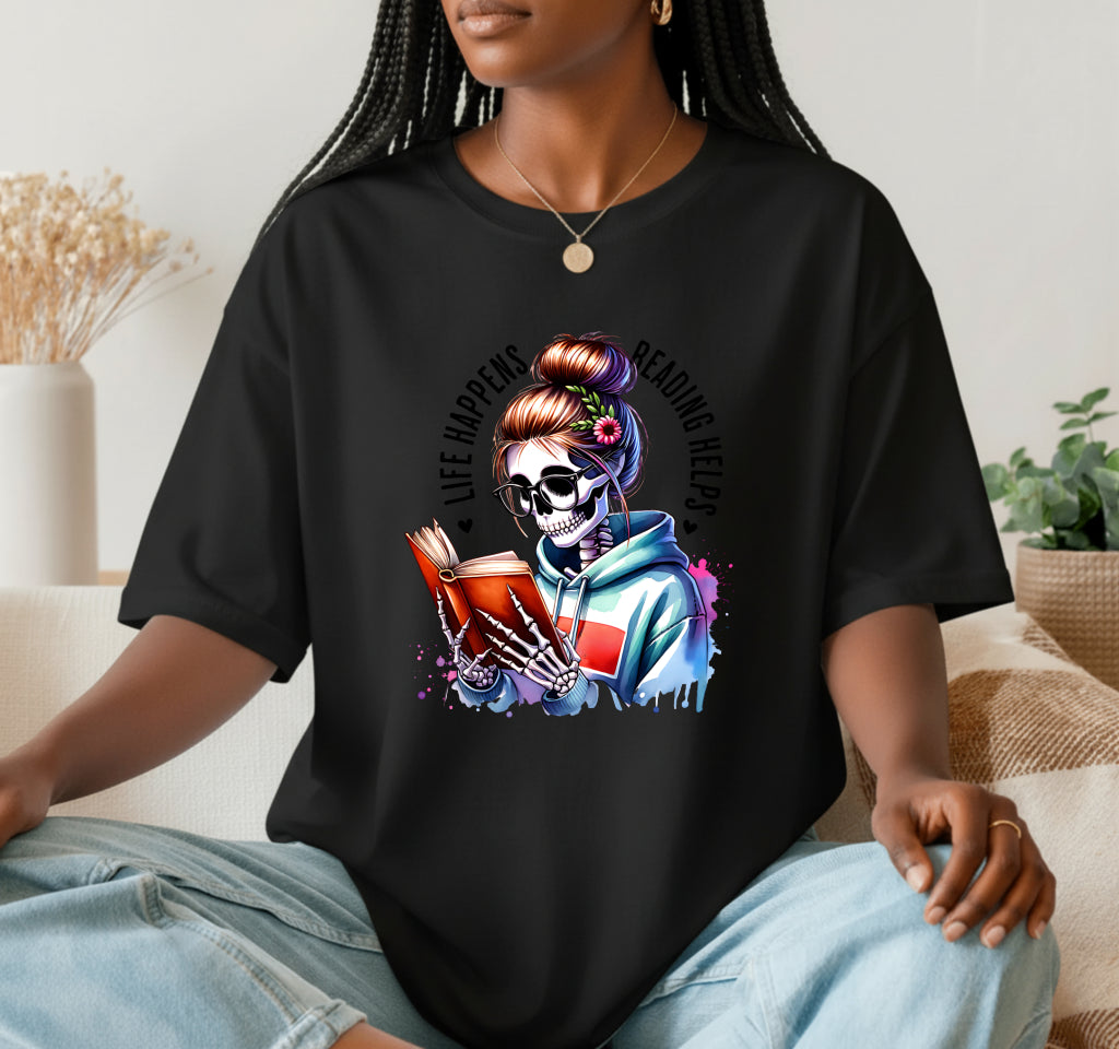 Life Happens Reading Helps Skeleton Book – Booktrovert DTF Transfer