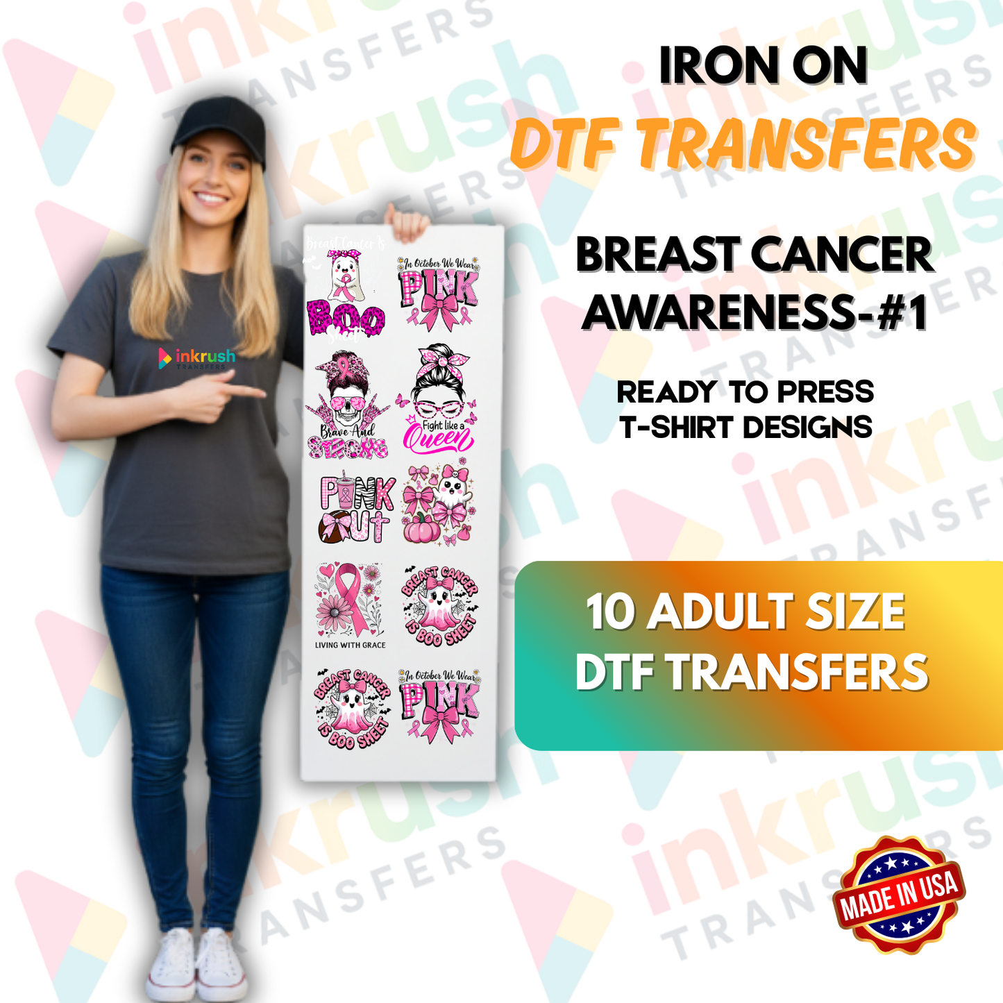 Breast Cancer Awareness Bundle #1 – Classic Pink Ribbon Essentials | 10 Adult DTF Transfers (22″)