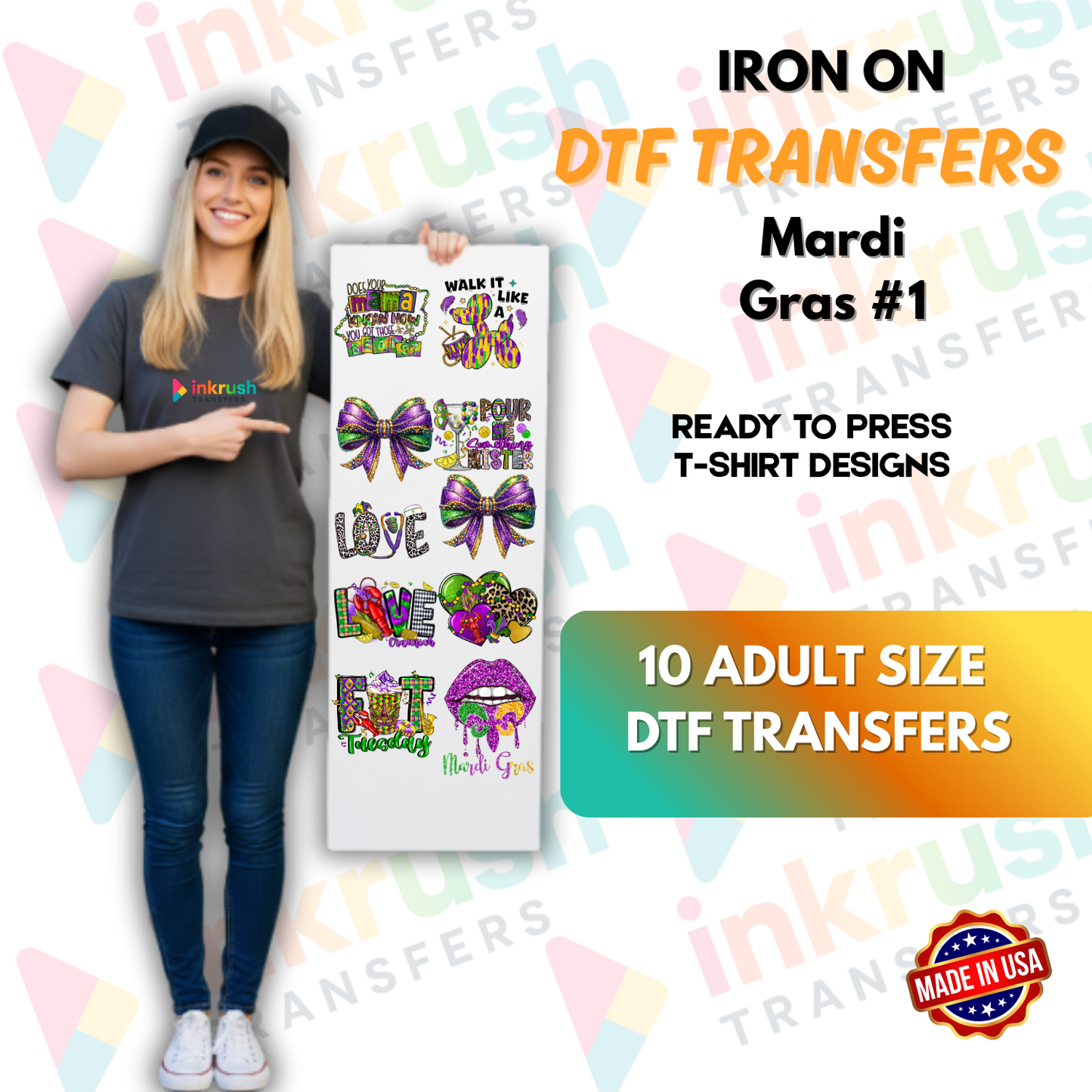 Mardi Gras Bundle #1 – Classic Parade Essentials (22″ Gang Sheet, 10 Transfers)