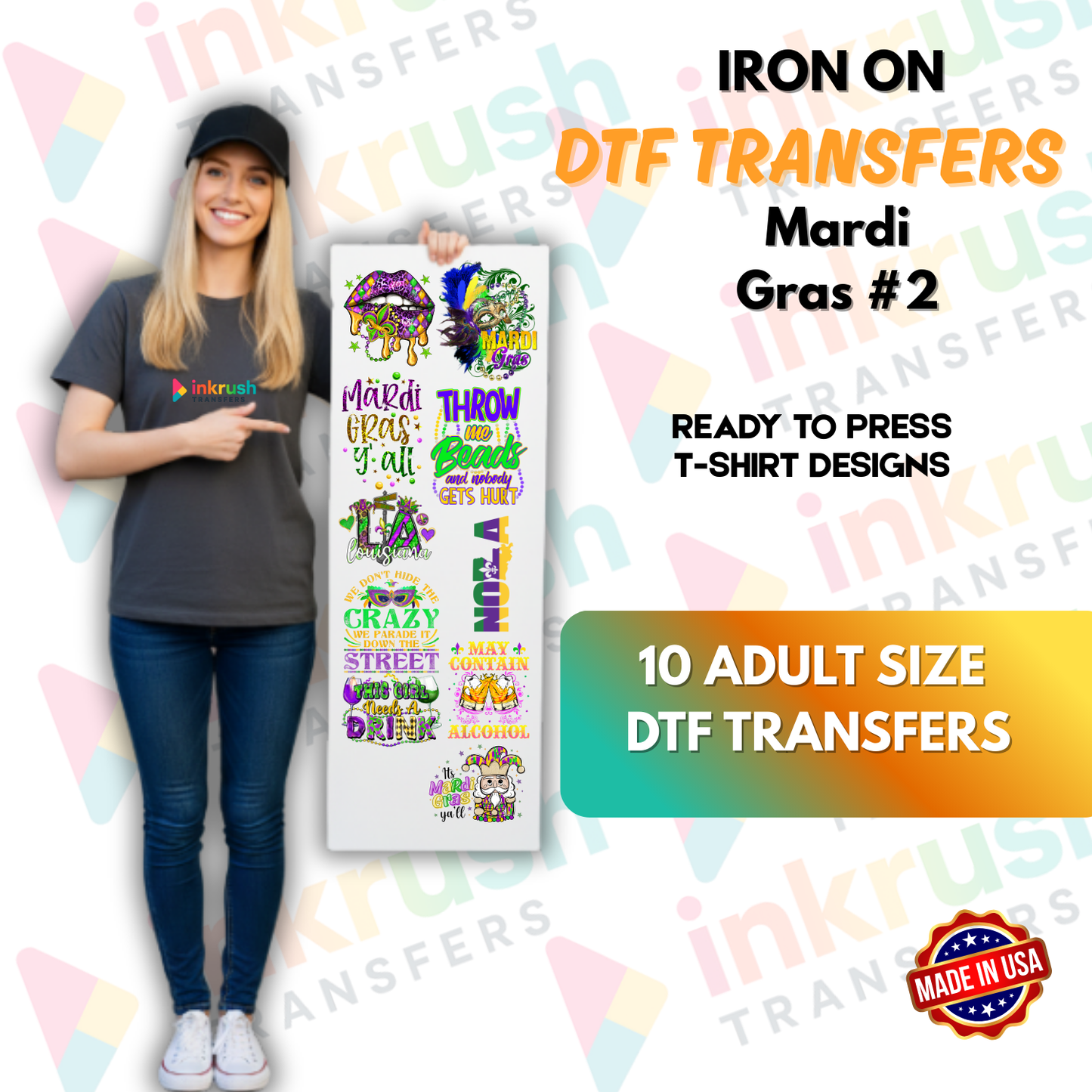 Mardi Gras Bundle #2 – Krewe & Parade Team (22″ Gang Sheet, 10 Transfers)