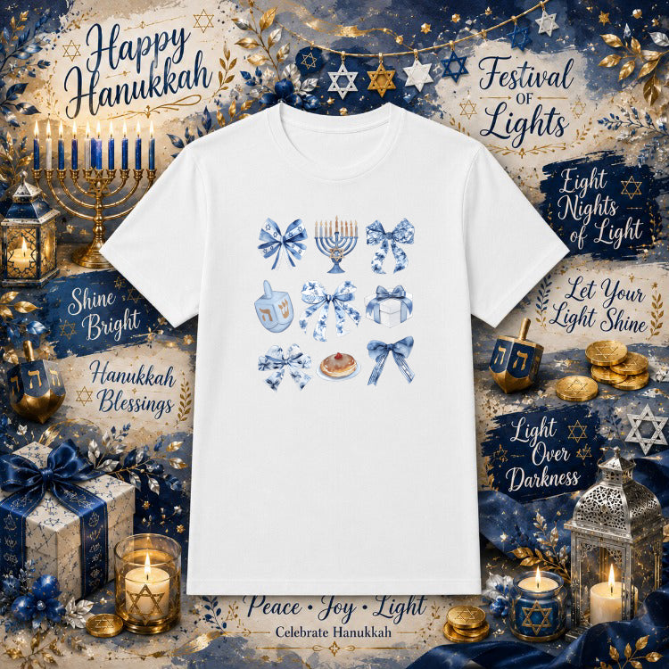 Chanukah Coquette Bow – Hanukkah DTF Transfer – by Ink Rush – Premade Transfers – Hanukkah, Apparel Decor