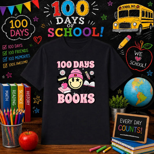 100 DAYS IN THE BOOKS! Smiley Face – 100 Days Of School DTF Transfer – by Ink Rush – Premade Transfers – 100 Days Of Schoo...