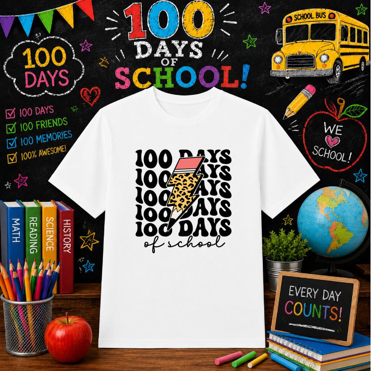 100 DAYS OF SCHOOL Lightning Bolt – 100 Days DTF Transfer – by Ink Rush – Premade Transfers – 100 Days Of School, Education