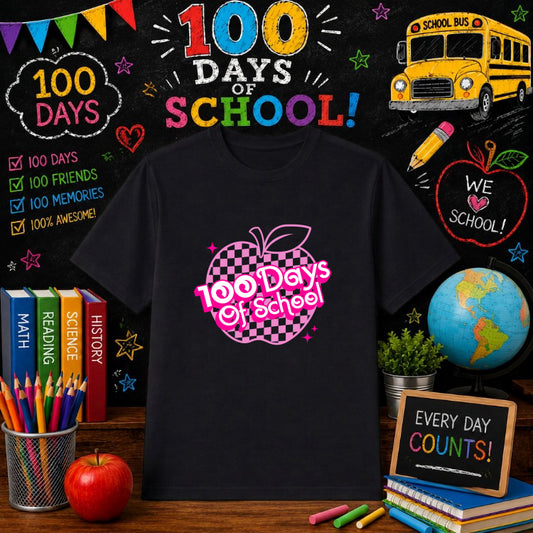 100 Days Of School Pink Apple – Education DTF Transfer – by Ink Rush – Premade Transfers – 100 Days Of School, Education