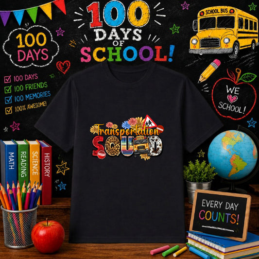 100 DAYS SMARTER TRANSPORTATION SQUAD – 100 Days Of School DTF Transfer – by Ink Rush – Premade Transfers – 100 Days Of Sc...