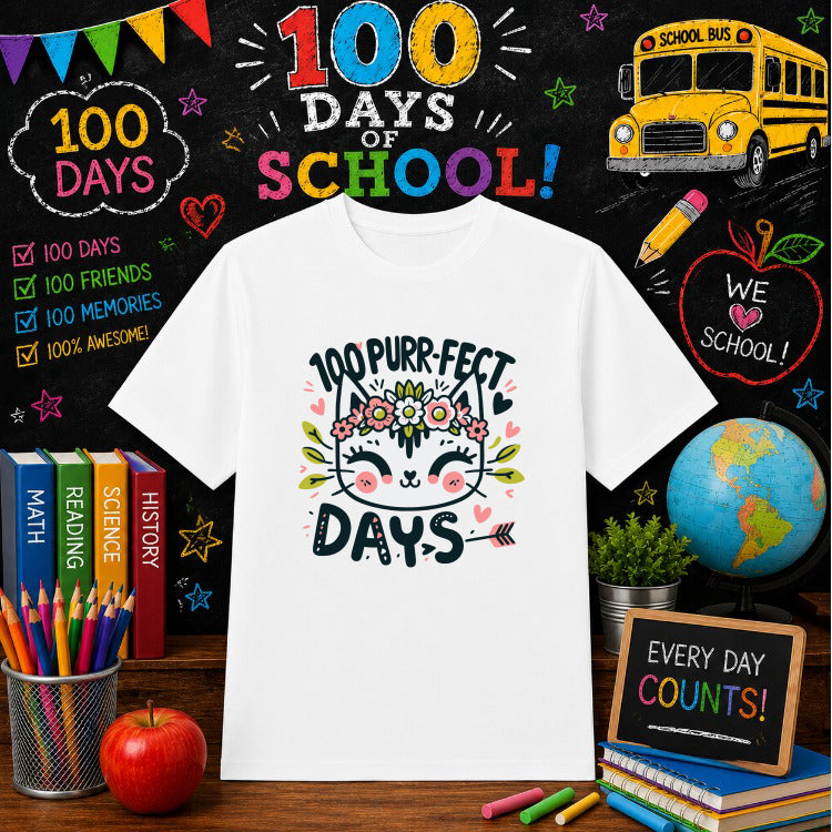 100 Purrfect Days of School Floral Cat – 100 Days Of School DTF Transfer – by Ink Rush – Premade Transfers – 100 Days Of S...