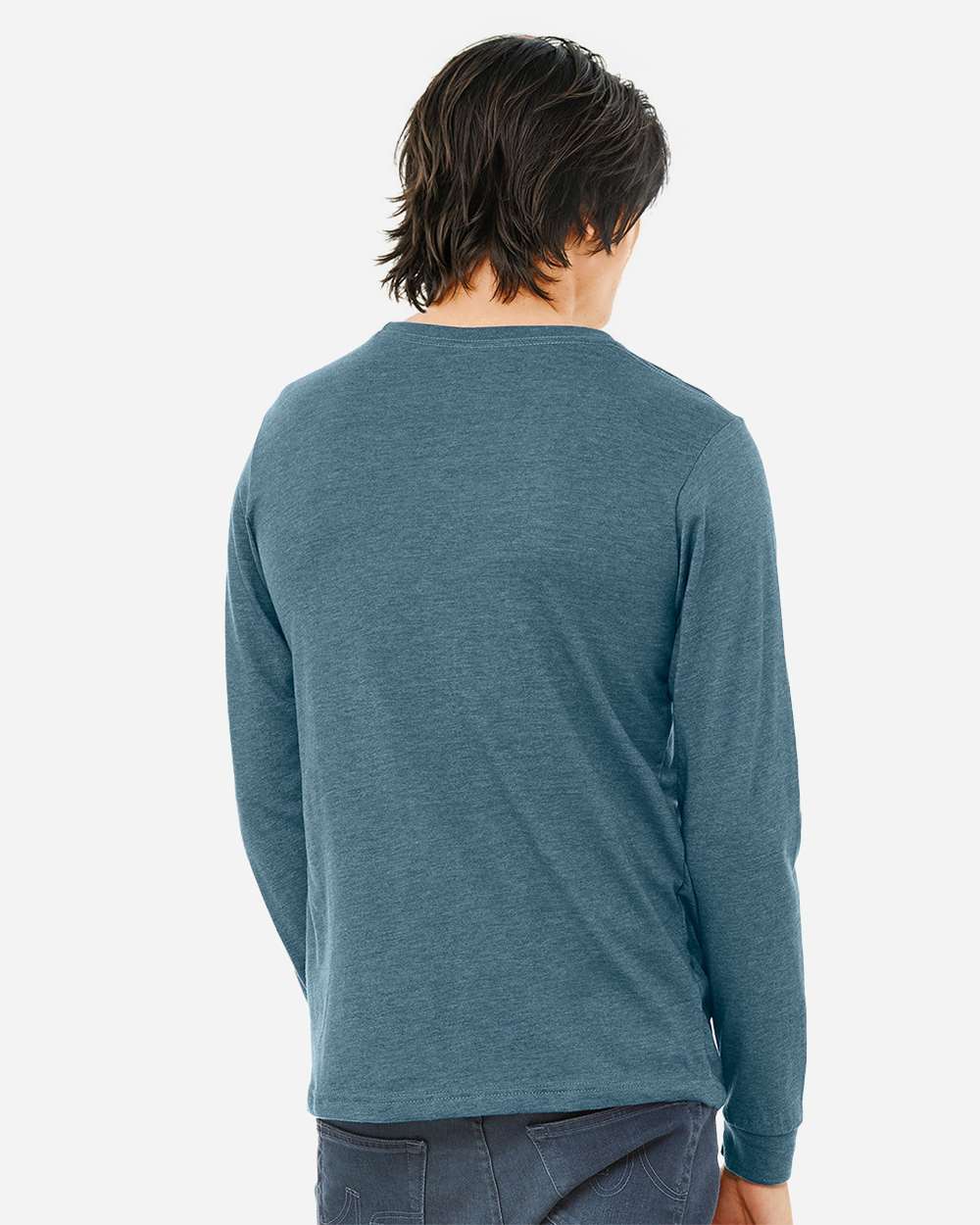 BELLA + CANVAS 3501CVC Heather CVC Long Sleeve Tee - Heather Deep Teal - On Model Back