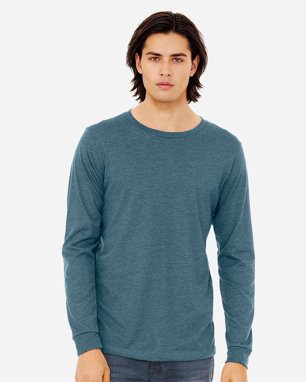 BELLA + CANVAS 3501CVC Heather CVC Long Sleeve Tee - Heather Deep Teal - On Model Front