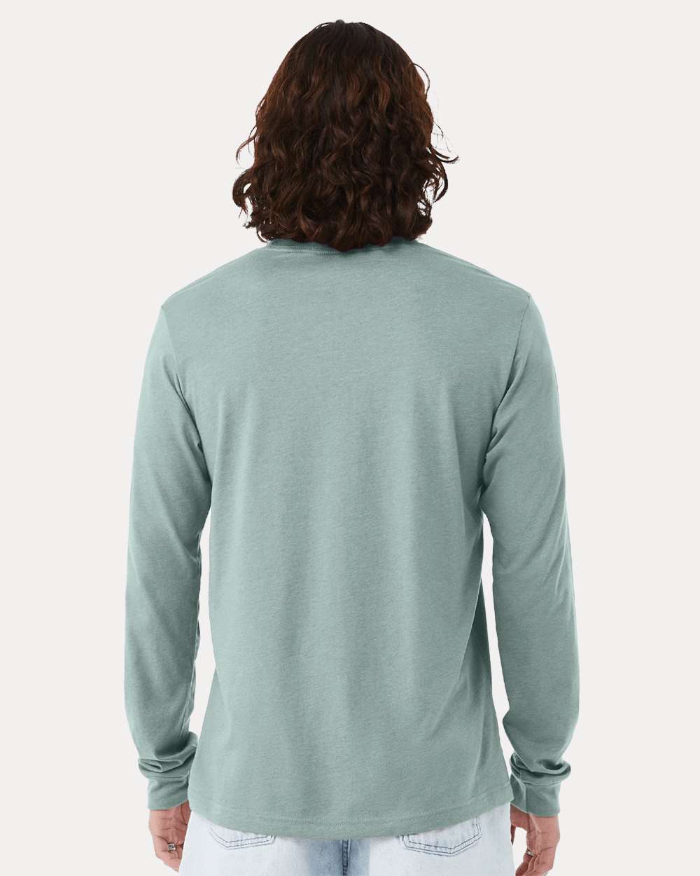 BELLA + CANVAS 3501CVC Heather CVC Long Sleeve Tee - Heather Dusty Blue - On Model Back