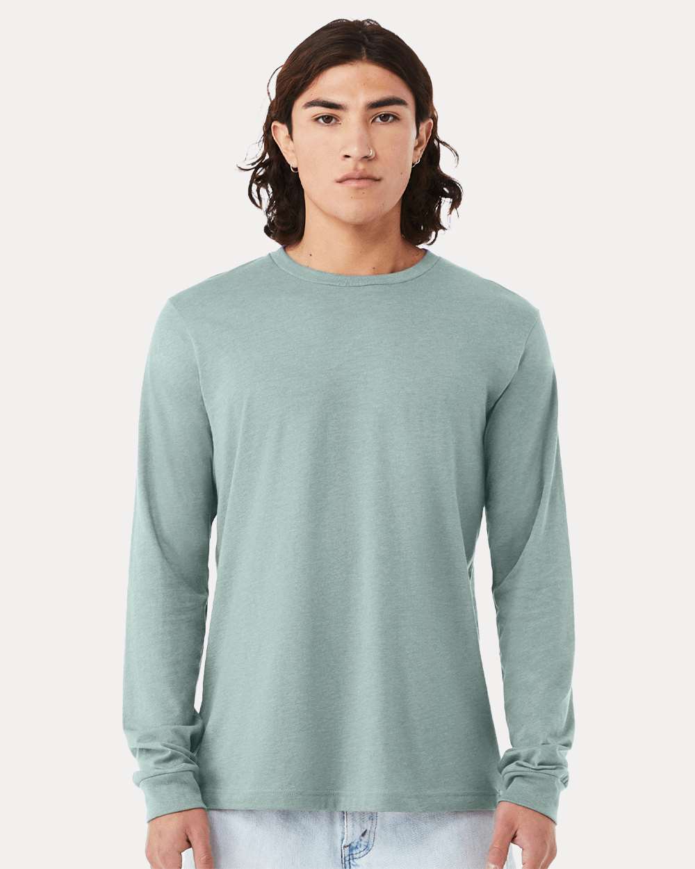 BELLA + CANVAS 3501CVC Heather CVC Long Sleeve Tee - Heather Dusty Blue - On Model Front