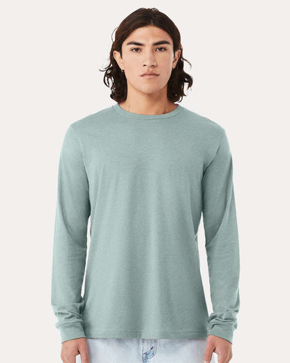 BELLA + CANVAS 3501CVC Heather CVC Long Sleeve Tee - Heather Dusty Blue - On Model Front