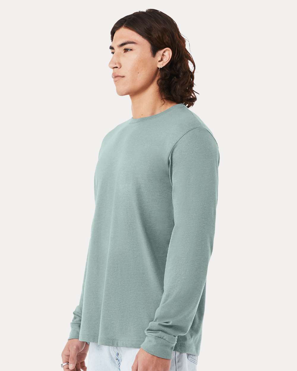 BELLA + CANVAS 3501CVC Heather CVC Long Sleeve Tee - Heather Dusty Blue - On Model Side