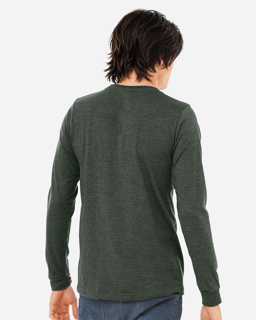 BELLA + CANVAS 3501CVC Heather CVC Long Sleeve Tee - Heather Forest - On Model Back