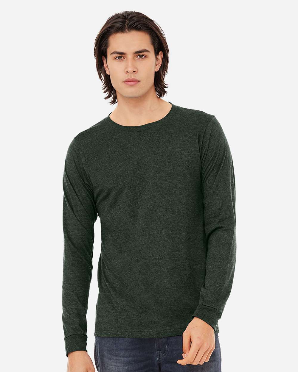 BELLA + CANVAS 3501CVC Heather CVC Long Sleeve Tee - Heather Forest - On Model Front