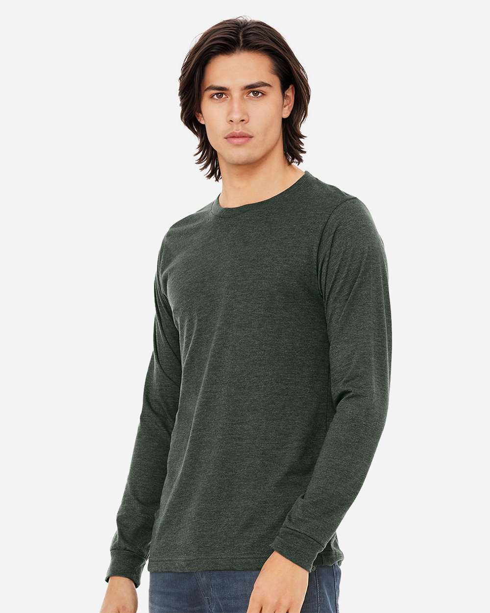 BELLA + CANVAS 3501CVC Heather CVC Long Sleeve Tee - Heather Forest - On Model Side