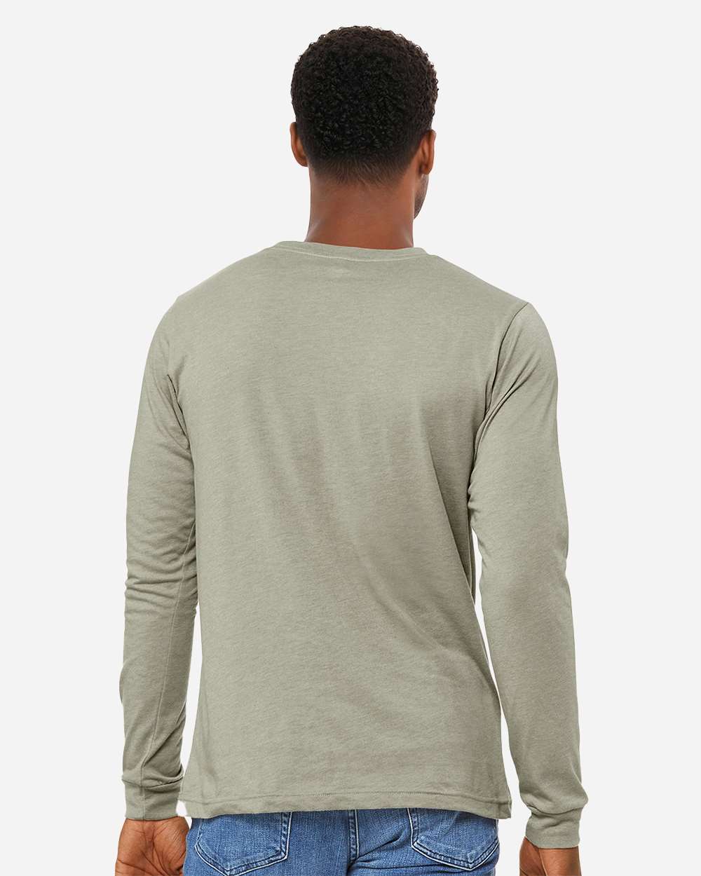 BELLA + CANVAS 3501CVC Heather CVC Long Sleeve Tee - Heather Stone - On Model Back