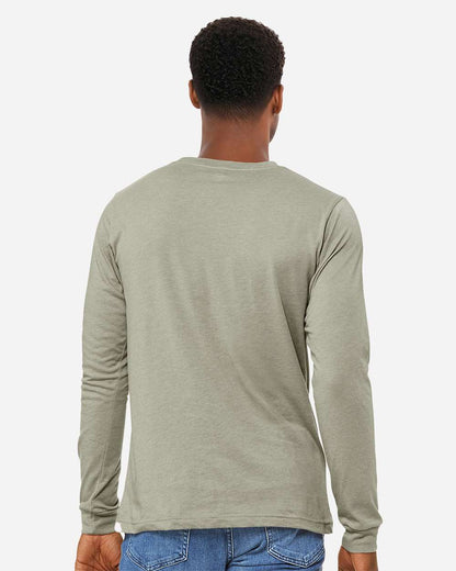 BELLA + CANVAS 3501CVC Heather CVC Long Sleeve Tee - Heather Stone - On Model Back
