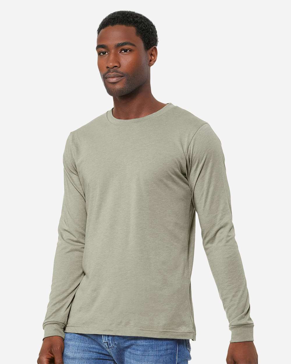 BELLA + CANVAS 3501CVC Heather CVC Long Sleeve Tee - Heather Stone - On Model Side