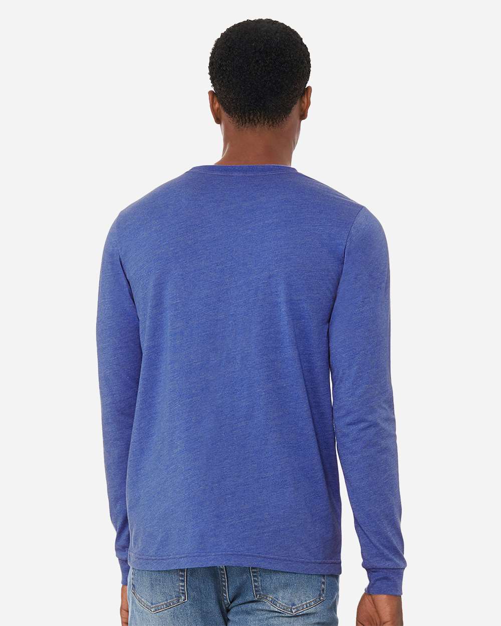 BELLA + CANVAS 3501CVC Heather CVC Long Sleeve Tee - Heather True Royal - On Model Back