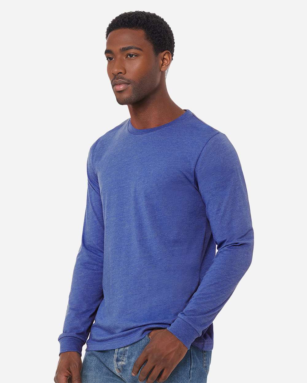 BELLA + CANVAS 3501CVC Heather CVC Long Sleeve Tee - Heather True Royal - On Model Side