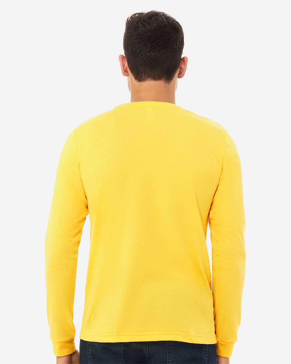 BELLA + CANVAS 3501CVC Heather CVC Long Sleeve Tee - Heather Yellow Gold - On Model Back