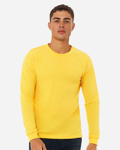 BELLA + CANVAS 3501CVC Heather CVC Long Sleeve Tee - Heather Yellow Gold - On Model Front