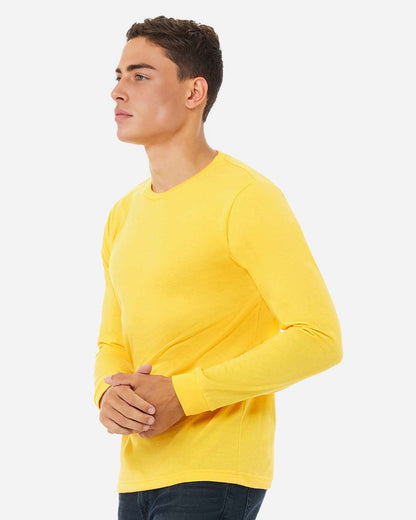 BELLA + CANVAS 3501CVC Heather CVC Long Sleeve Tee - Heather Yellow Gold - On Model Side
