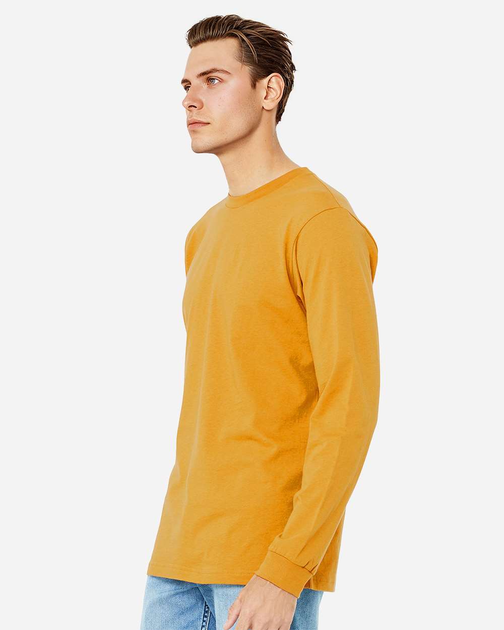 BELLA + CANVAS 3501 Unisex Jersey Long Sleeve Tee - Mustard - On Model Side
