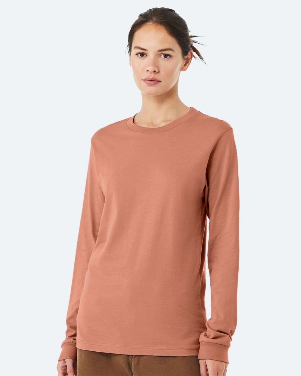 BELLA + CANVAS 3501 Unisex Jersey Long Sleeve Tee - Terracotta - On Model Front