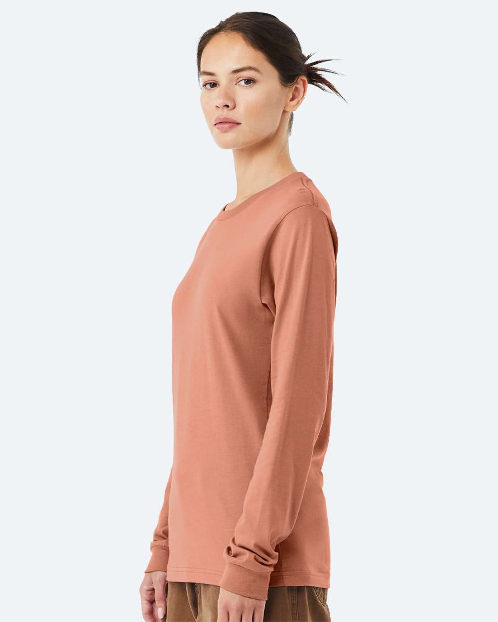 BELLA + CANVAS 3501 Unisex Jersey Long Sleeve Tee - Terracotta - On Model Side