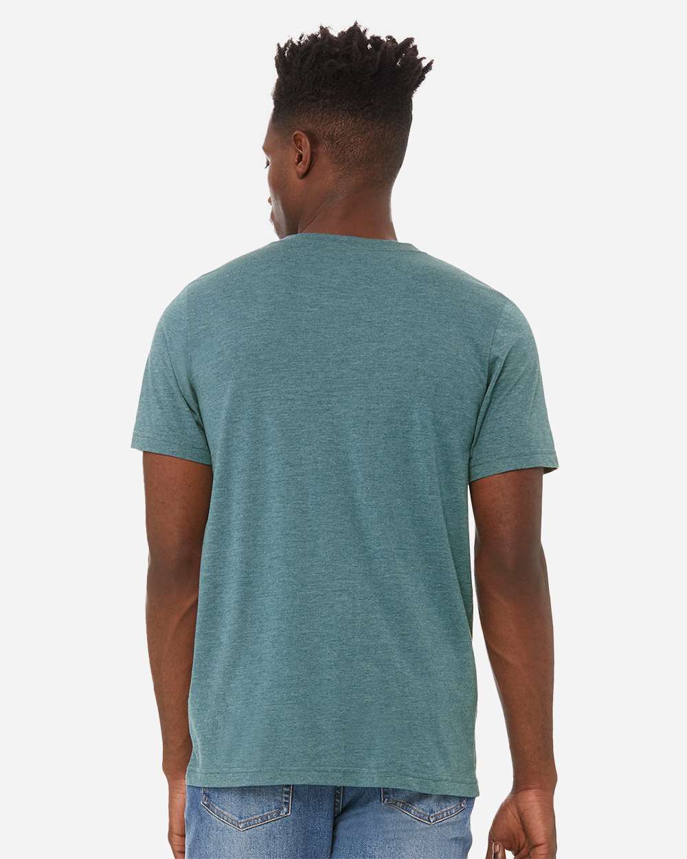 BELLA + CANVAS 3005CVC Unisex Heather CVC V-Neck Tee - Heather Deep Teal - On Model Back