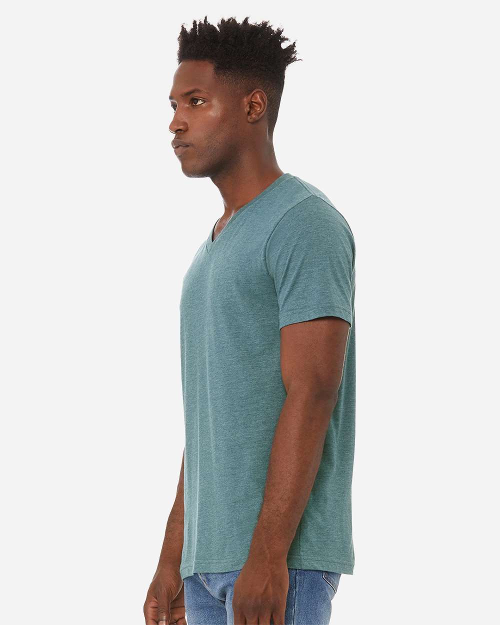 BELLA + CANVAS 3005CVC Unisex Heather CVC V-Neck Tee - Heather Deep Teal - On Model Side