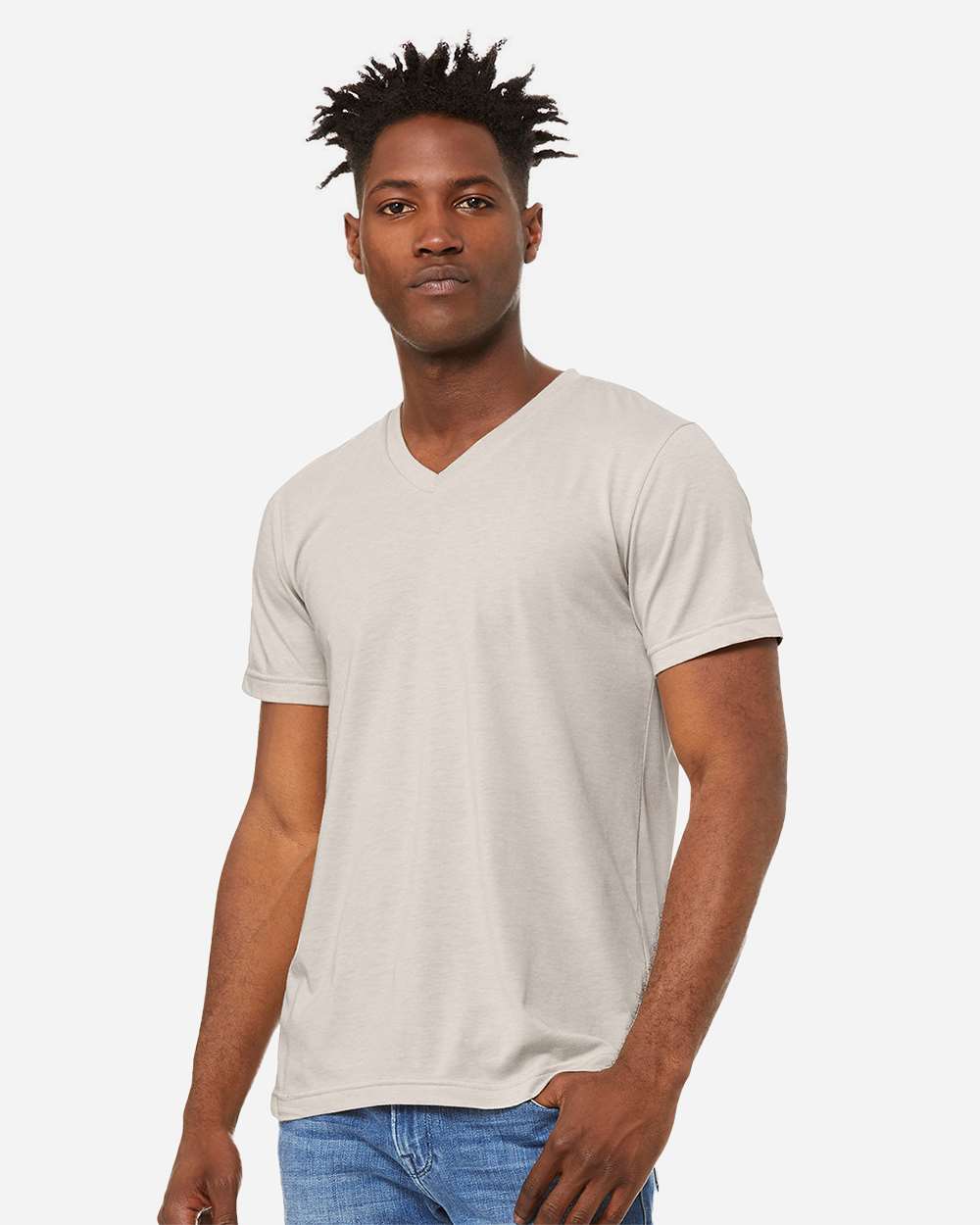 BELLA + CANVAS 3005CVC Unisex Heather CVC V-Neck Tee - Heather Dust - On Model Front