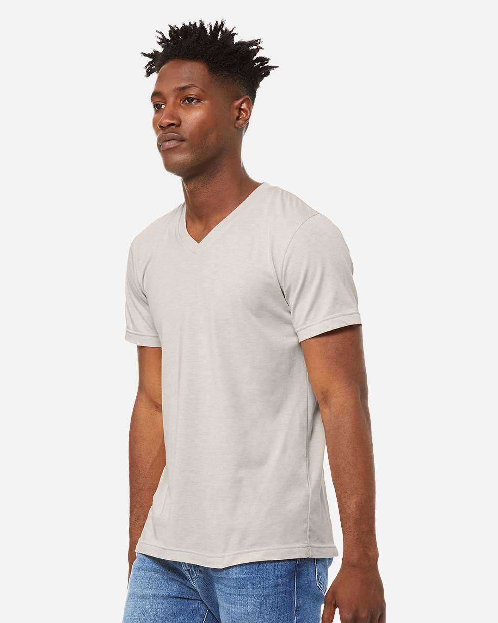 BELLA + CANVAS 3005CVC Unisex Heather CVC V-Neck Tee - Heather Dust - On Model Side