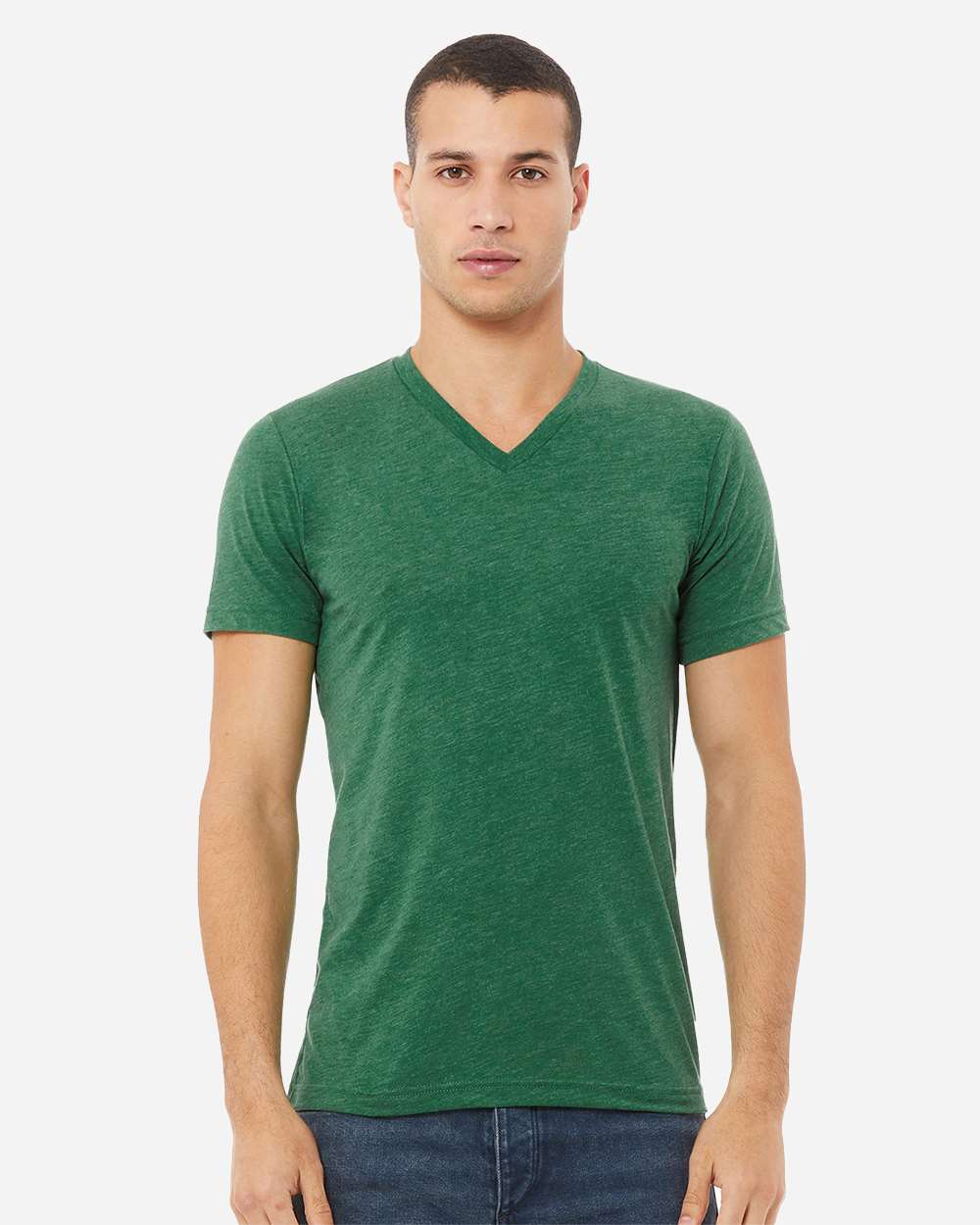 BELLA + CANVAS 3005CVC Unisex Heather CVC V-Neck Tee - Heather Grass Green - On Model Front