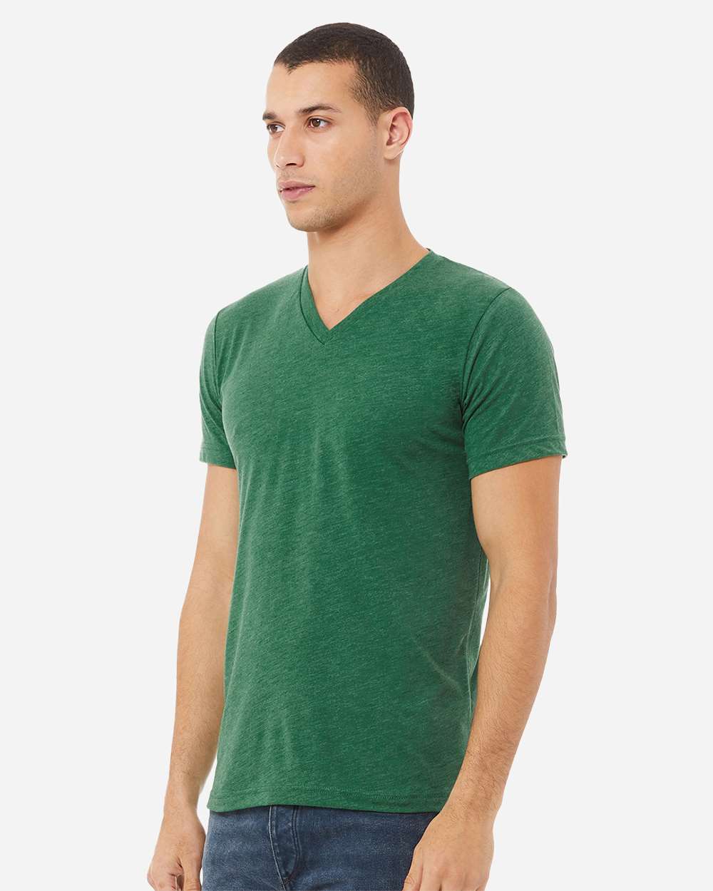 BELLA + CANVAS 3005CVC Unisex Heather CVC V-Neck Tee - Heather Grass Green - On Model Side