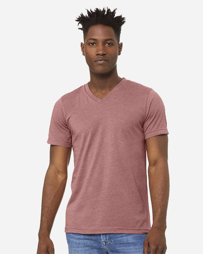 BELLA + CANVAS 3005CVC Unisex Heather CVC V-Neck Tee - Heather Mauve - On Model Front