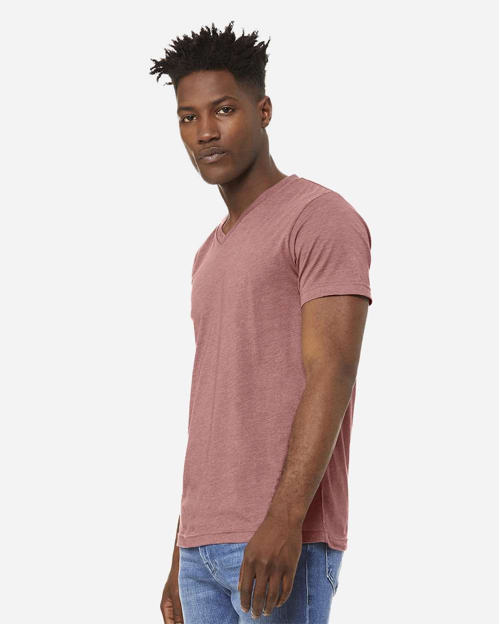 BELLA + CANVAS 3005CVC Unisex Heather CVC V-Neck Tee - Heather Mauve - On Model Side