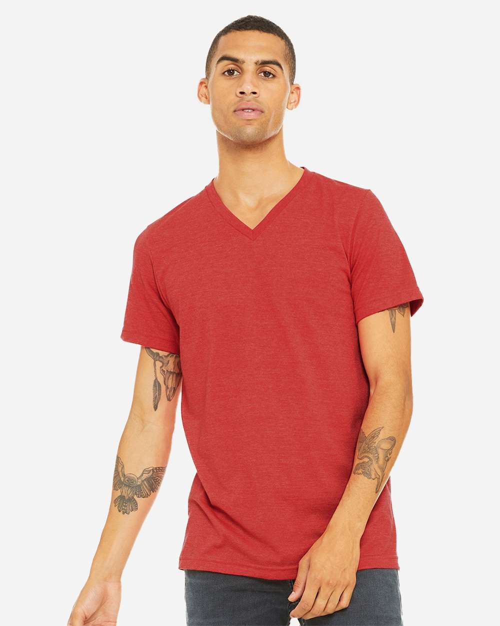 BELLA + CANVAS 3005CVC Unisex Heather CVC V-Neck Tee - Heather Red - On Model Front