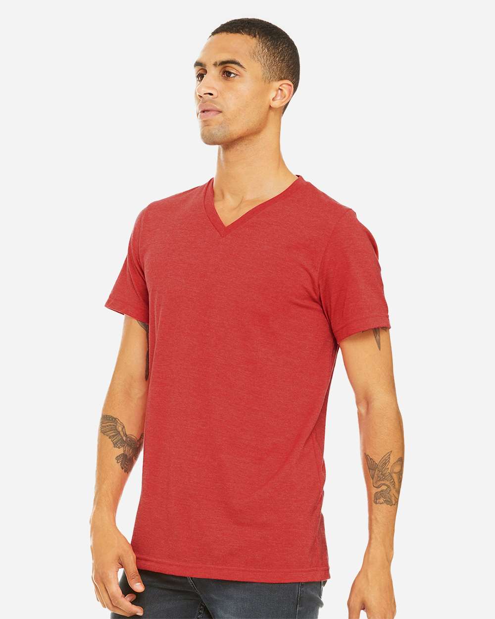 BELLA + CANVAS 3005CVC Unisex Heather CVC V-Neck Tee - Heather Red - On Model Side