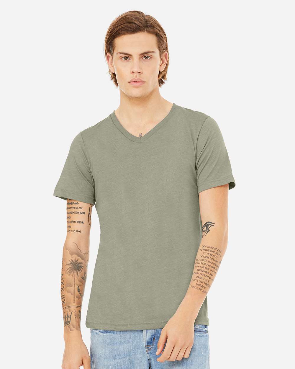 BELLA + CANVAS 3005CVC Unisex Heather CVC V-Neck Tee - Heather Stone - On Model Front