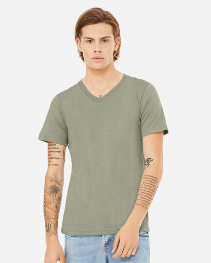 BELLA + CANVAS 3005CVC Unisex Heather CVC V-Neck Tee - Heather Stone - On Model Front