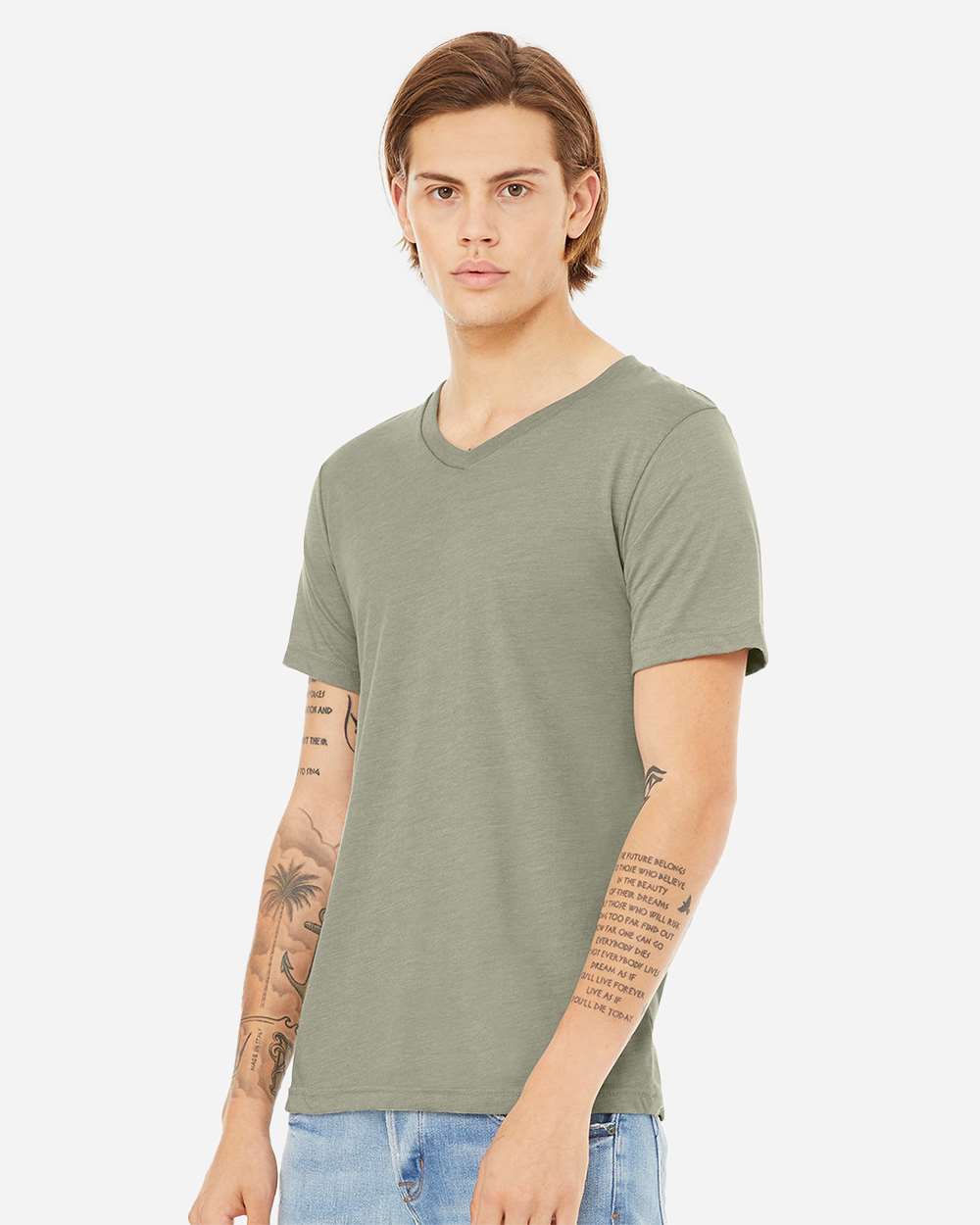 BELLA + CANVAS 3005CVC Unisex Heather CVC V-Neck Tee - Heather Stone - On Model Side