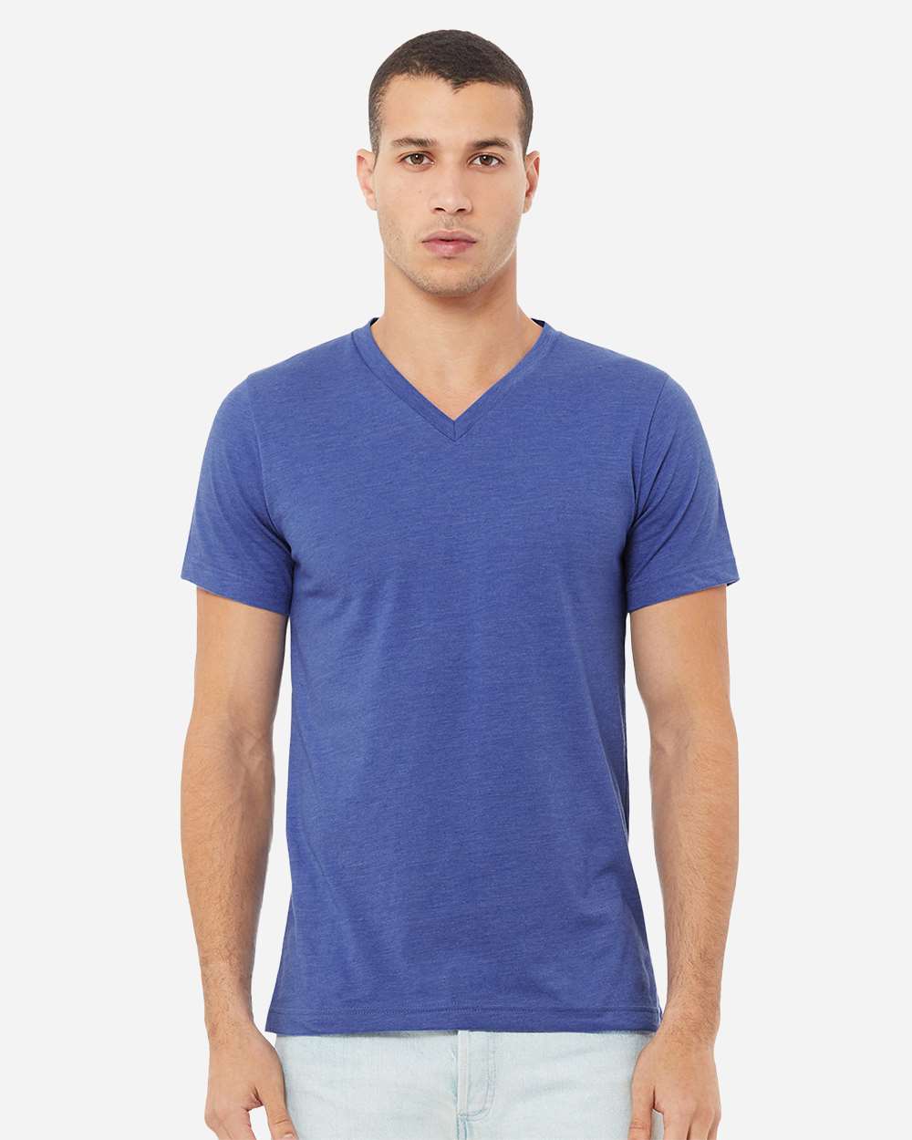 BELLA + CANVAS 3005CVC Unisex Heather CVC V-Neck Tee - Heather True Royal - On Model Front