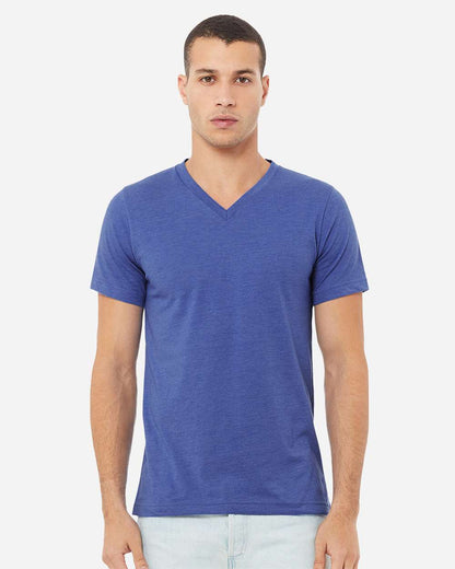 BELLA + CANVAS 3005CVC Unisex Heather CVC V-Neck Tee - Heather True Royal - On Model Front