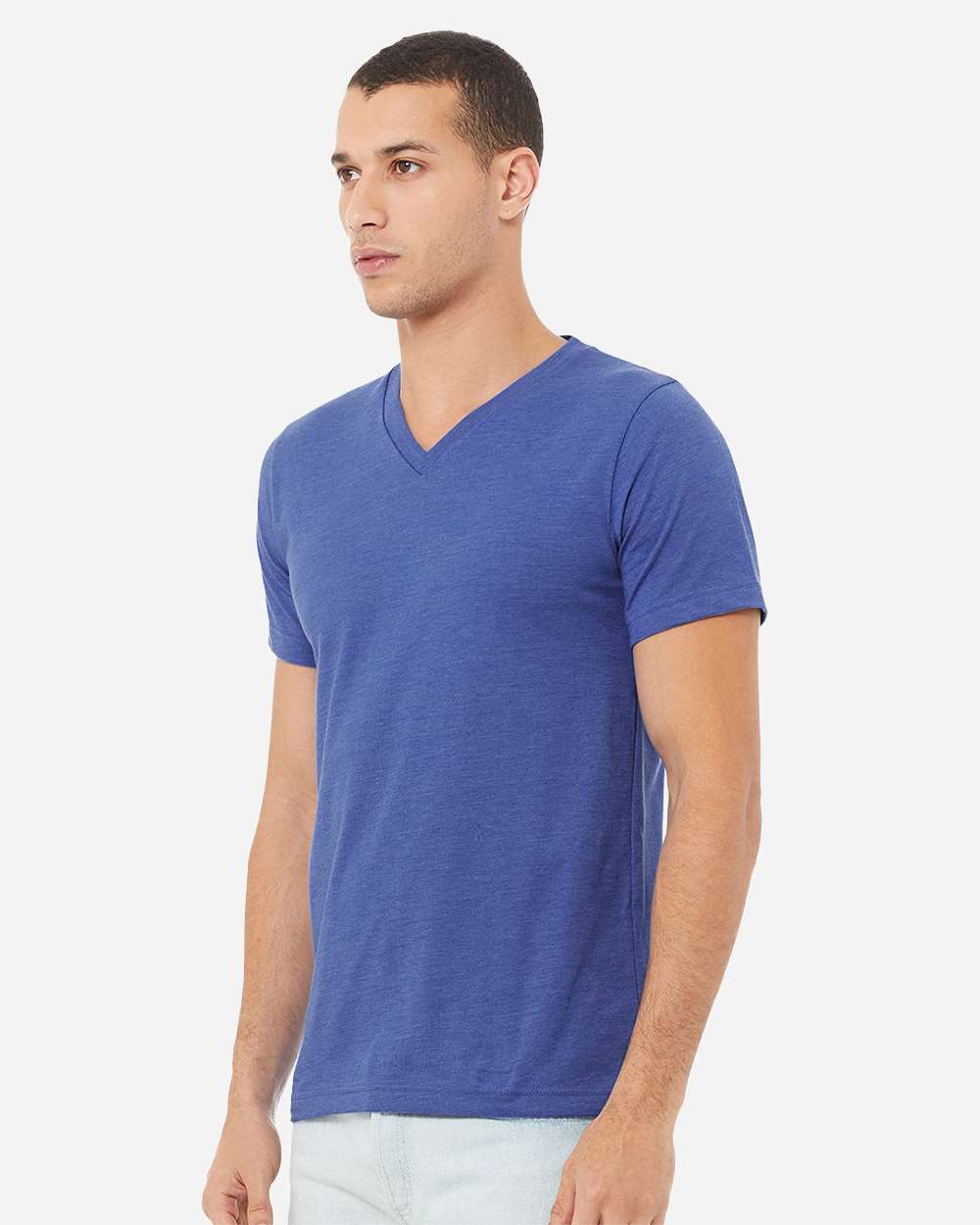 BELLA + CANVAS 3005CVC Unisex Heather CVC V-Neck Tee - Heather True Royal - On Model Side