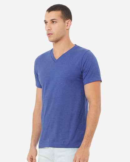 BELLA + CANVAS 3005CVC Unisex Heather CVC V-Neck Tee - Heather True Royal - On Model Side