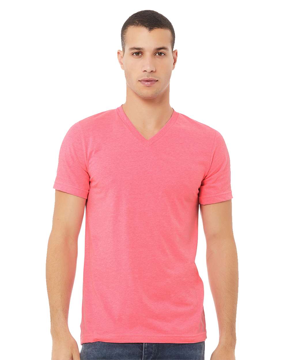 BELLA + CANVAS 3005CVC Unisex Heather CVC V-Neck Tee - Neon Pink - On Model Front