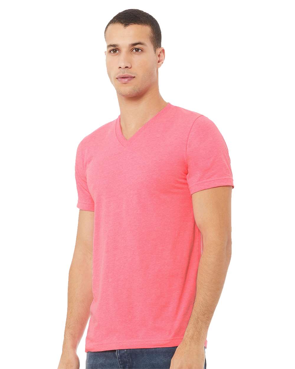 BELLA + CANVAS 3005CVC Unisex Heather CVC V-Neck Tee - Neon Pink - On Model Side