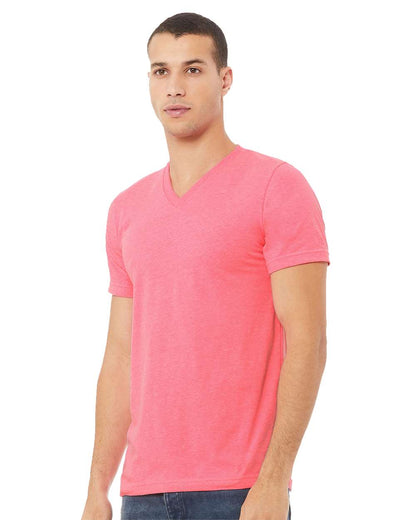 BELLA + CANVAS 3005CVC Unisex Heather CVC V-Neck Tee - Neon Pink - On Model Side